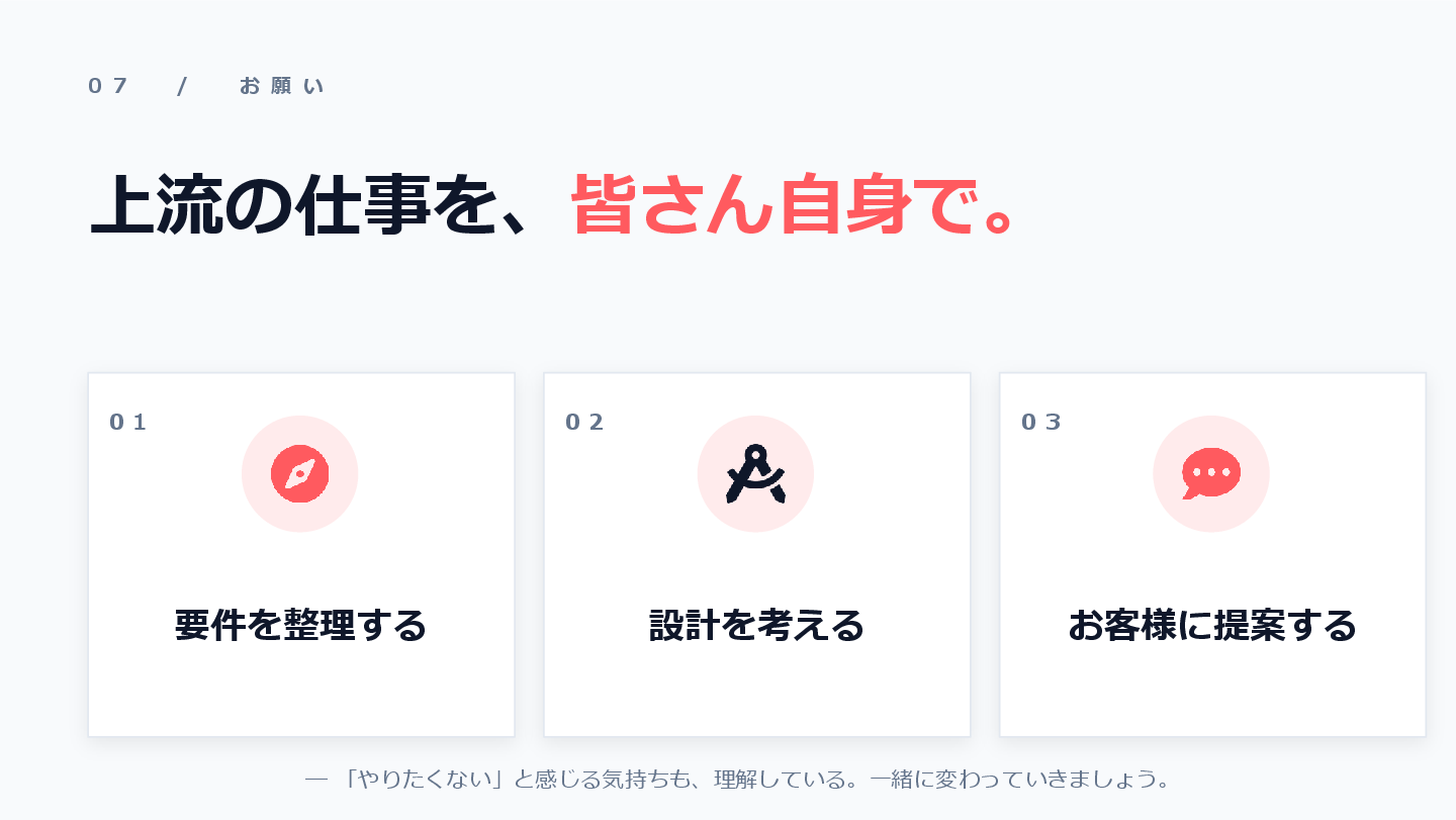 スライド「上流の仕事を皆さん自身がやってほしい」