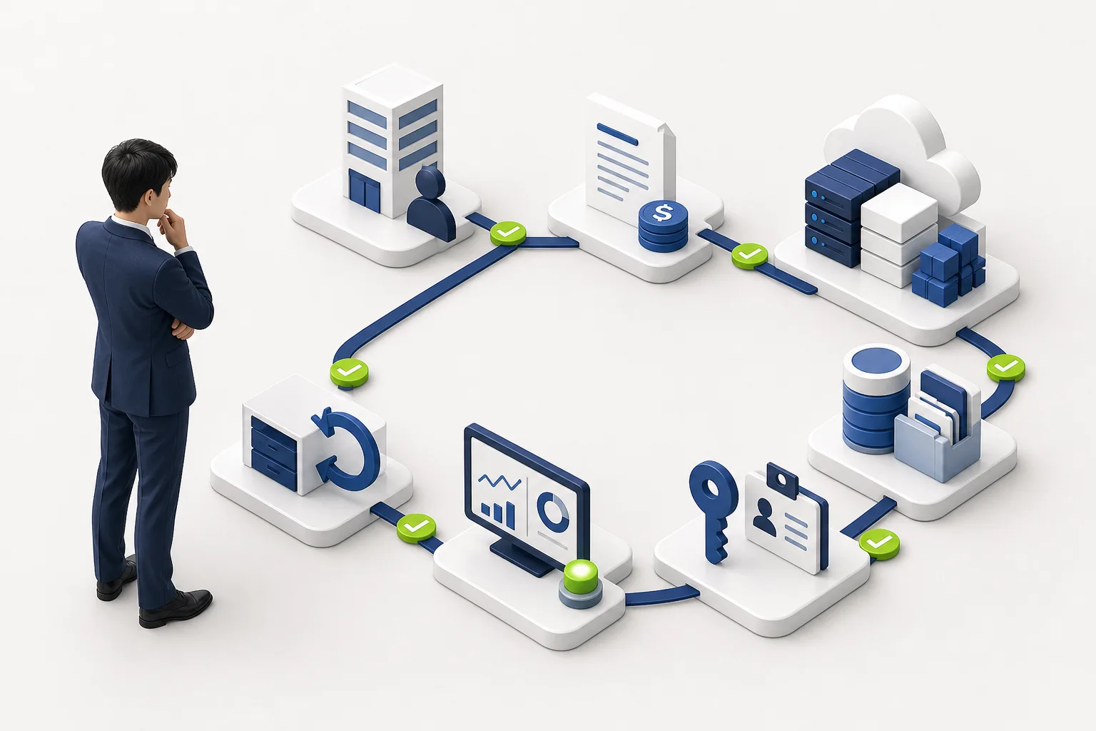 クラウド環境のアカウント、請求、構成、データ、権限、監視、復旧を青い経路でつないだ様子