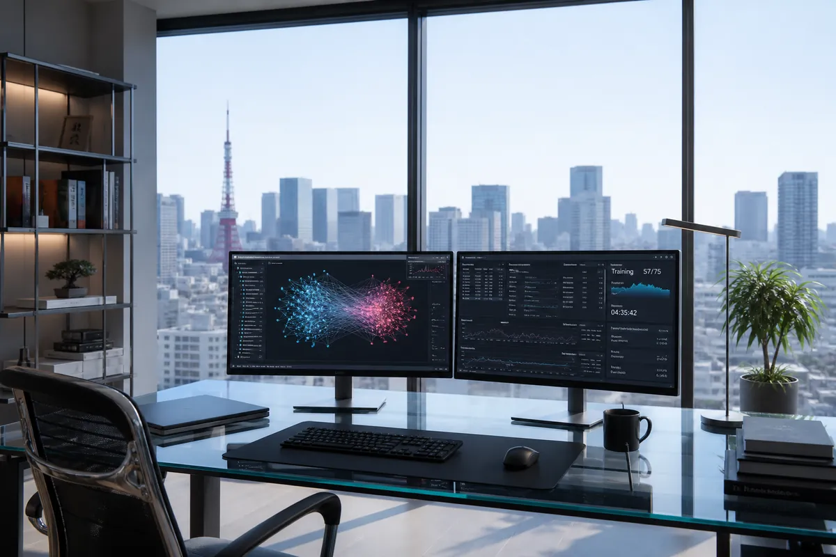AI startup workspace in Tokyo with dual monitors and city skyline