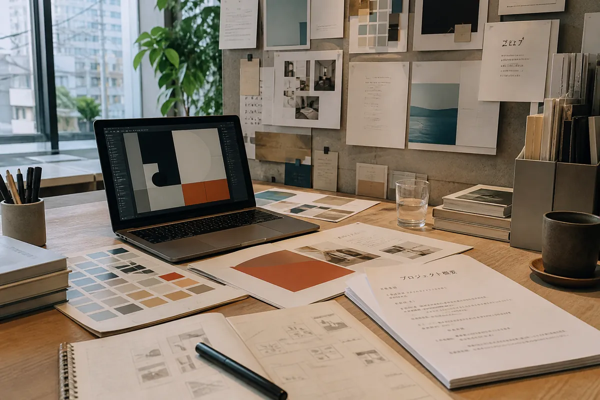 Design agency studio desk with moodboards and bilingual client briefs