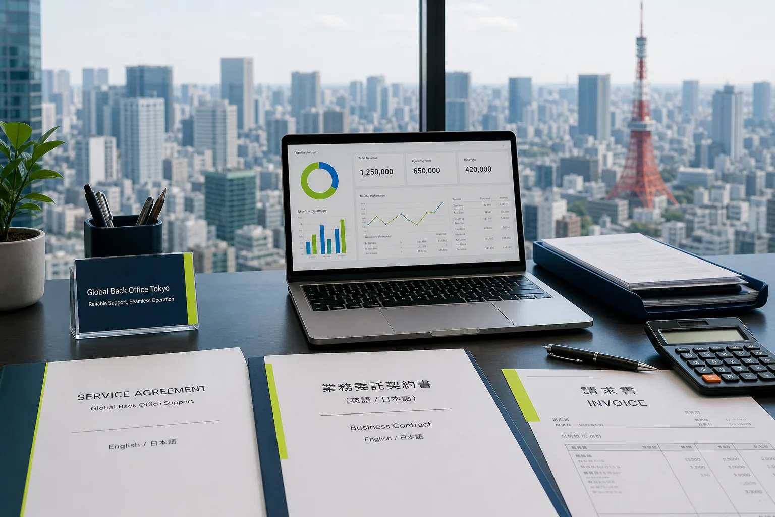 Tokyo office desk with laptop, bilingual documents, and city skyline — TOKYO BACK OFFICE support in Japan